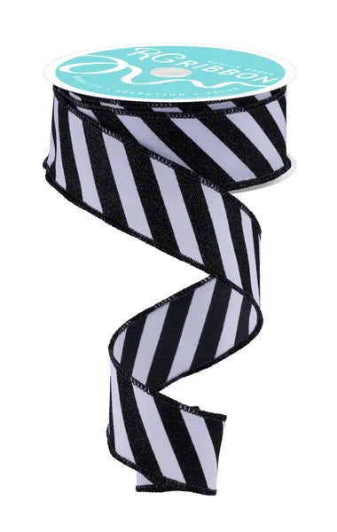 1.5" x 10yd Diagonal Glitter Stripe-White/Black-RGF19422