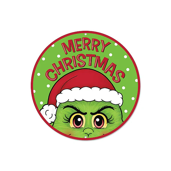 8"DIA MERRY CHRISTMAS/FURRY ELF SIGN- LIME/RED/WHITE/BLACK- MD1497