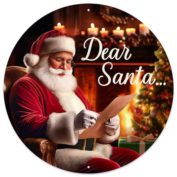 12"DIA METAL DEAR SANTA... SIGN- RED/WHITE/BROWN/TAN/BLACK- MD1691