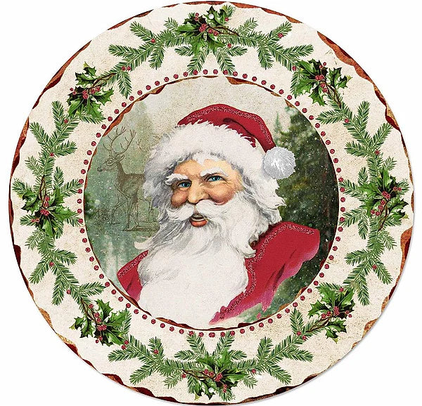12"DIA METAL/GLITTER VINTAGE SANTA SIGN- CREAM/RED/GREEN- MD0739