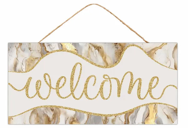 12.5"L x 6"H Glitter Welcome Marble Sign-Gold/Grey-AP788508