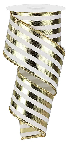 2.5"X10YD METALLIC VERTICAL STRIPES- IVORY/GOLD- RGE142930