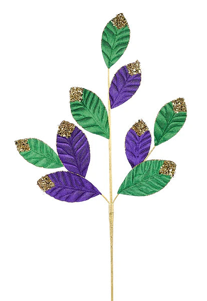 27"L VELVET/GLITTER LEAF SPRAY- MARDI GRAS- HG3308
