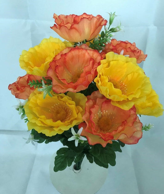 POPPY WITH GRASS BUSH X12 ORANGE AND YELLOW - 16433