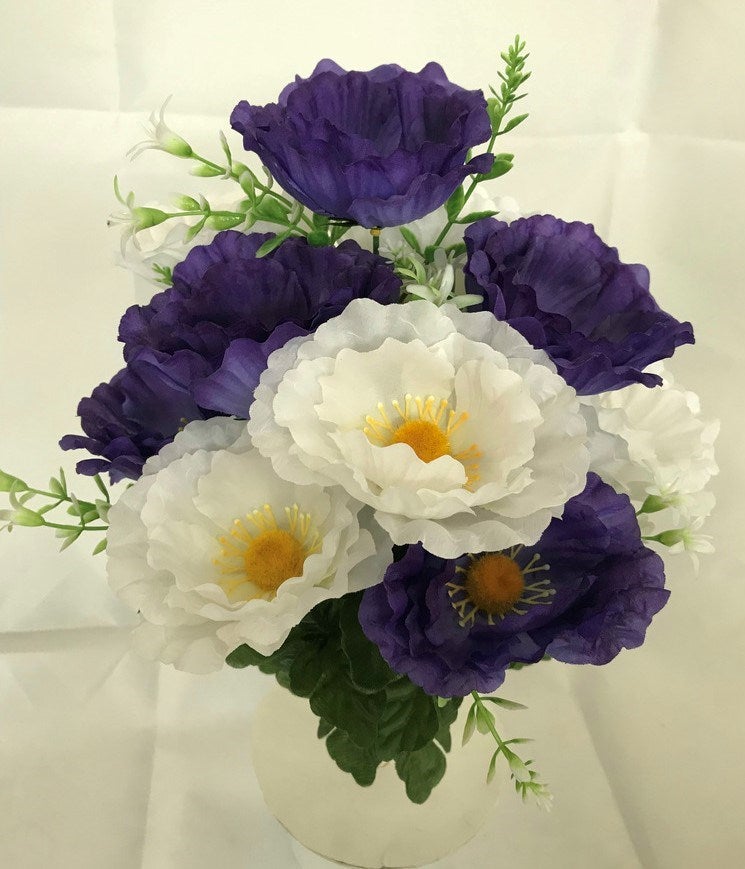 POPPY WITH GRASS BUSH X12 PURPLE AND CREAM - 16435