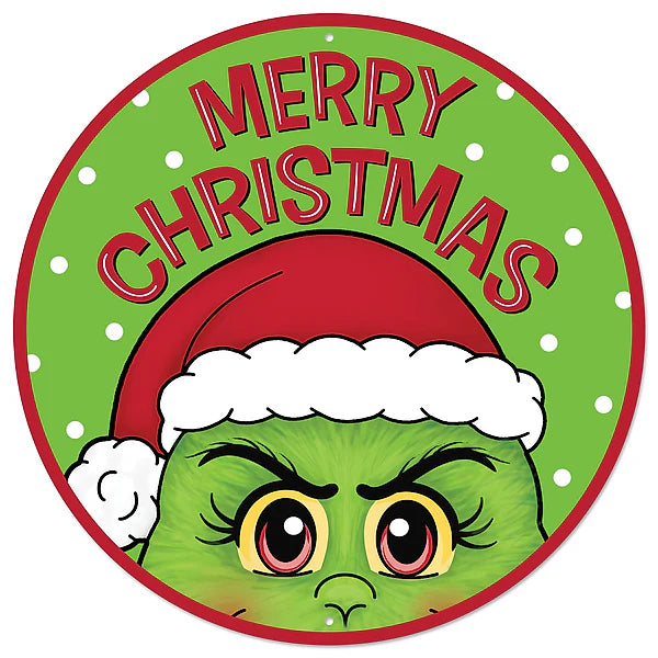 12"DIA MERRY CHRISTMAS/FURRY ELF SIGN- LIME/RED/WHITE/BLACK- MD1498