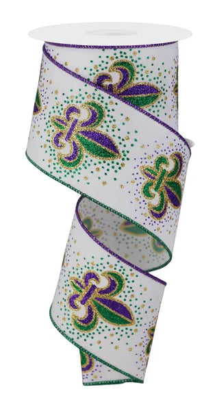 2.5" x 10yd Fleur De Lis-White/Mardi Gras-RGE170127