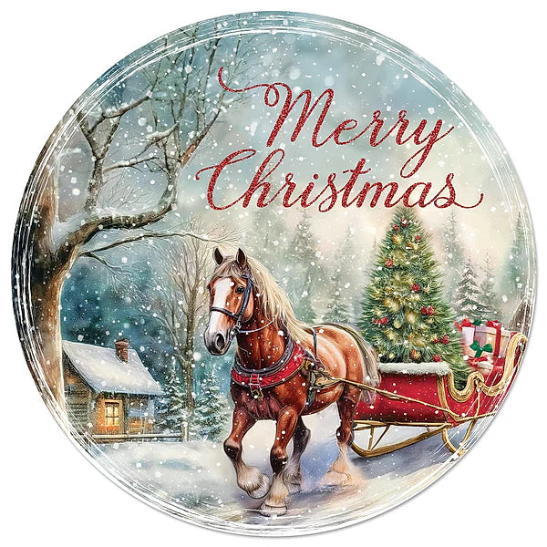 12"DIA MERRY CHRISTMAS/HORSE/SLEIGH SIGN- RED/BLUE/WHITE/GREEN- MD167524