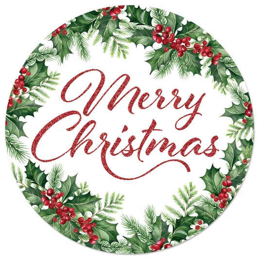 12"Dia Merry Christmas/Holly Sign-White/Red/Green-MD167424