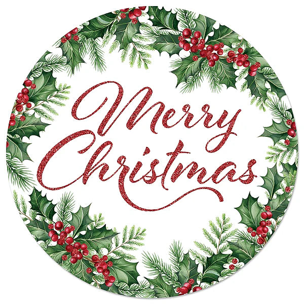 12"DIA MERRY CHRISTMAS/HOLLY SIGN- WHITE/RED/GREEN- MD167424