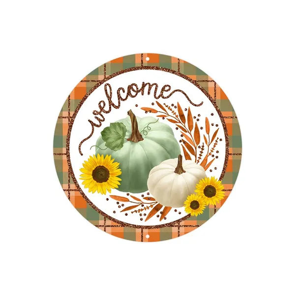 8"DIA METAL/GLITTER WELCOME W/PUMPKINS-SAGE/ORANGE/YELLOW/BROWN-MD101543