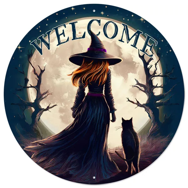 12"DIA WELCOME W/WITCH AND MOON SIGN-DK BLUE/WHITE/PURPLE/ORG-MD1685