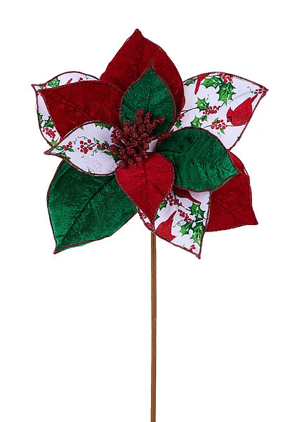 9"DIA CARDINAL/HOLLY POINSETTIA STEM- RED/WHITE/GREEN- XS4242C2