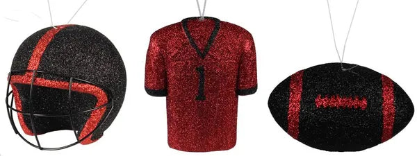 3 ASST FOOTBALL/HELMET/JERSEY ORNAMENT-BLACK/RED-MS1301Y1