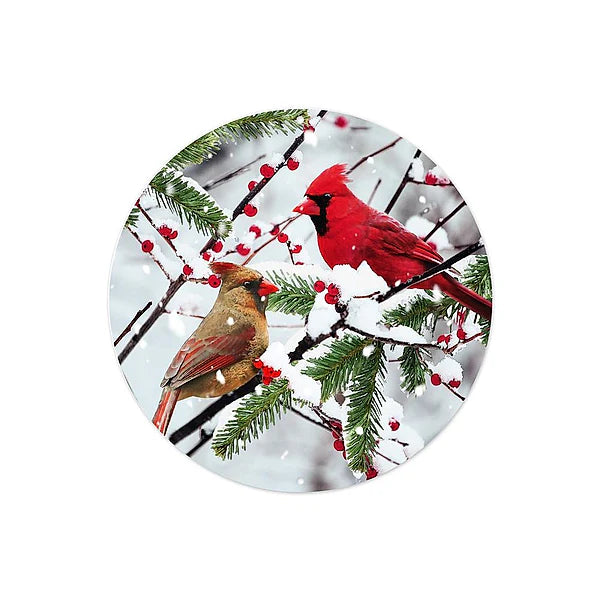 8"DIA METAL CARDINALS ON SNOWY BRANCH- WHITE/RED/BROWN/GREEN- MD0960