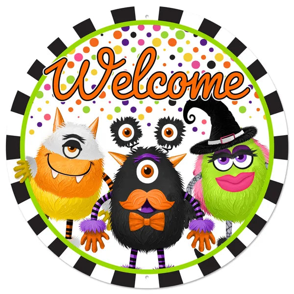 12"DIA METAL WELCOME MONSTER SIGN-BLACK/WHITE/MULTI-MD1872