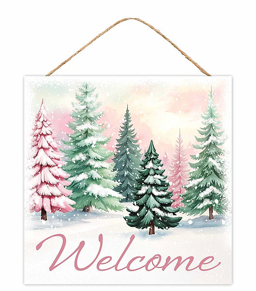 10"SQ MDF WELCOME W/TREE- WHT/LT PINK/MINT- AP7464K5