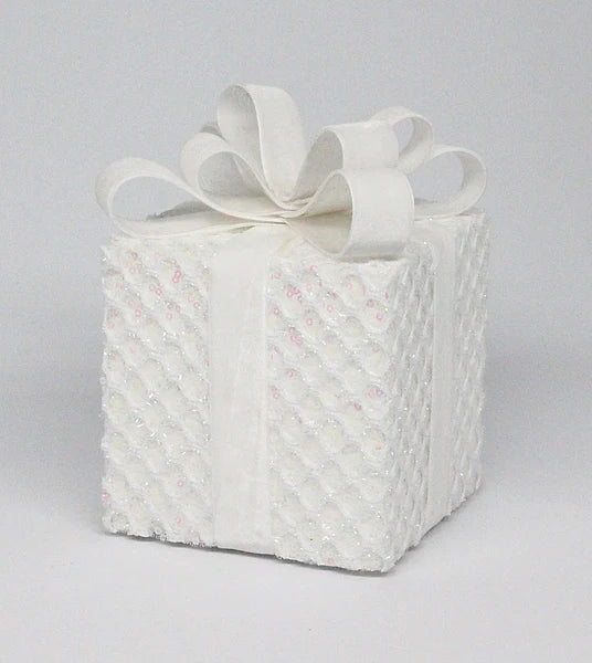 6.75"H X 4.75"SQ SEQUIN/TINSEL GIFT BOX- WHITE/IRIDESCENT- XC8374ER