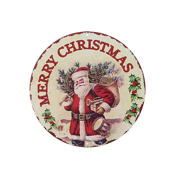 8"DIA METAL/GTR VINTAGE MERRY CHRISTMAS- RED/GREEN/CREAM- MD0935