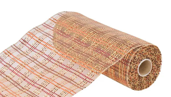 10"X10YD VERTICAL FOIL PLAID MESH-NATURAL/ORANGE/BROWN/BURG-RE1368XE
