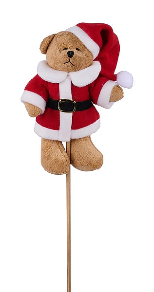 14"L FAUX FUR SANTA BEAR PICK- TAN/RED/WHITE- XC7255