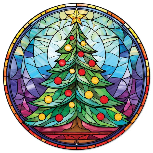 12"Dia Stained Glass Christmas Tree Sign-Grn/Blue/Red/Yllw/Purple-MD1676