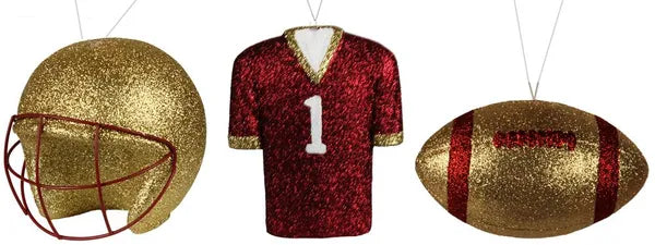 3 ASST FOOTBALL/HELMET/JERSEY ORNAMENT-MET GOLD/CRIMSON/WHITE-MS1300K9