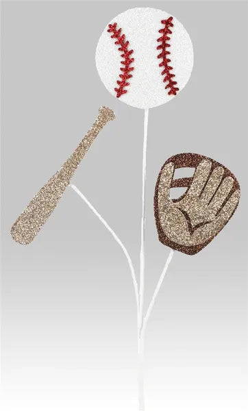 25"L GLITTER BASEBALL/BAT/GLOVEPICK- WHITE/BROWN/RED- MN0103