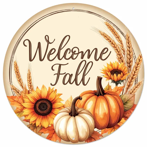 12"DIA "WELCOME FALL" W/PUMPKIN SIGN-CREAM/ORANGE/BROWN-MD1891