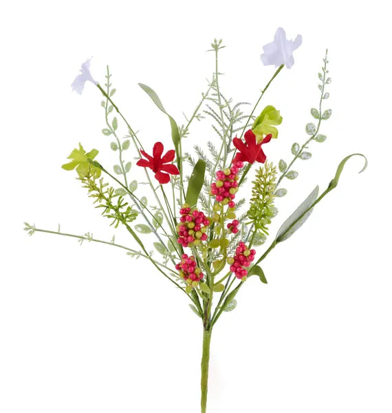 12"L Fabric Flower/Eva Leaf/Beads Bush-Red/Green/White-FH812560