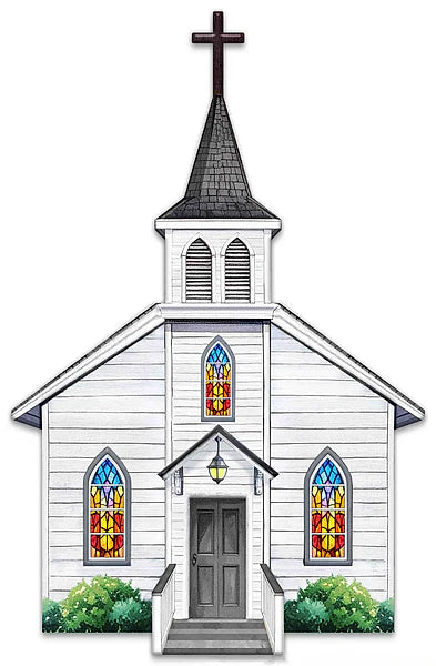 14"H X 9"L METAL/EMBOSSED WOOD CHURCH- WHITE/YELLOW/RED/GREEN- MD181327