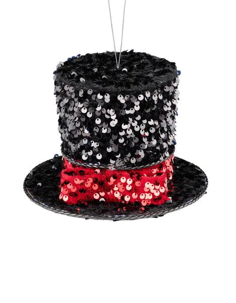 6.75"Diax4.5"H Sequin/Velvet Top Hat Ornament-Black/Red-XJ5387