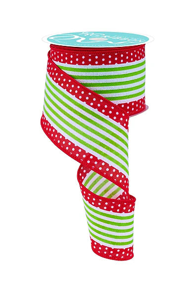 2.5"X10YD VERTICAL STRIPE/POLKA DOT EDGE- WHITE/RED/LIME GREEN- RGF156724