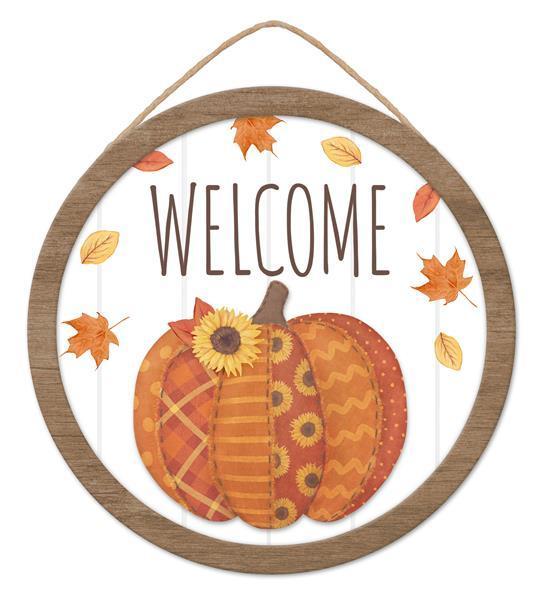 10.5"DIA WELCOME QUILTED PUMPKIN SIGN WHITE ORANGE BROWN - AP7321