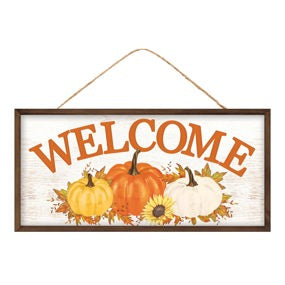 12.5"L X 6"H WELCOME W/PUMPKINS SIGN - WHITE/ORANGE/YELLOW - AP735571