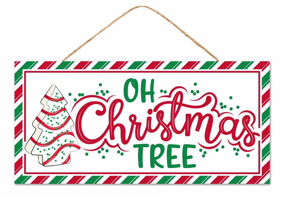 12.5"L X 6"H MDF OH CHRISTMAS TREE SIGN - WHITE/RED/EMERALD GREEN - AP735927
