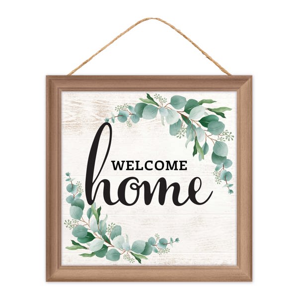 10"SQ WELCOME HOME WITH EUCALYPTUS SIGN - NATURAL, BLACK, SAGE - AP7369