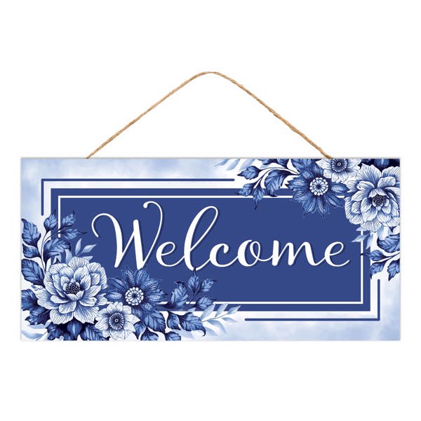 12.5"L X 6"H WELCOME W/FLORALS SIGN- BLUE/WHITE- AP738181