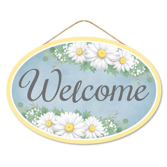 13"L X 9"H WELCOME WITH DAISIES OVAL SIGN - SMOKE BLUE, YELLOW, GREEN, WHITE - AP7388