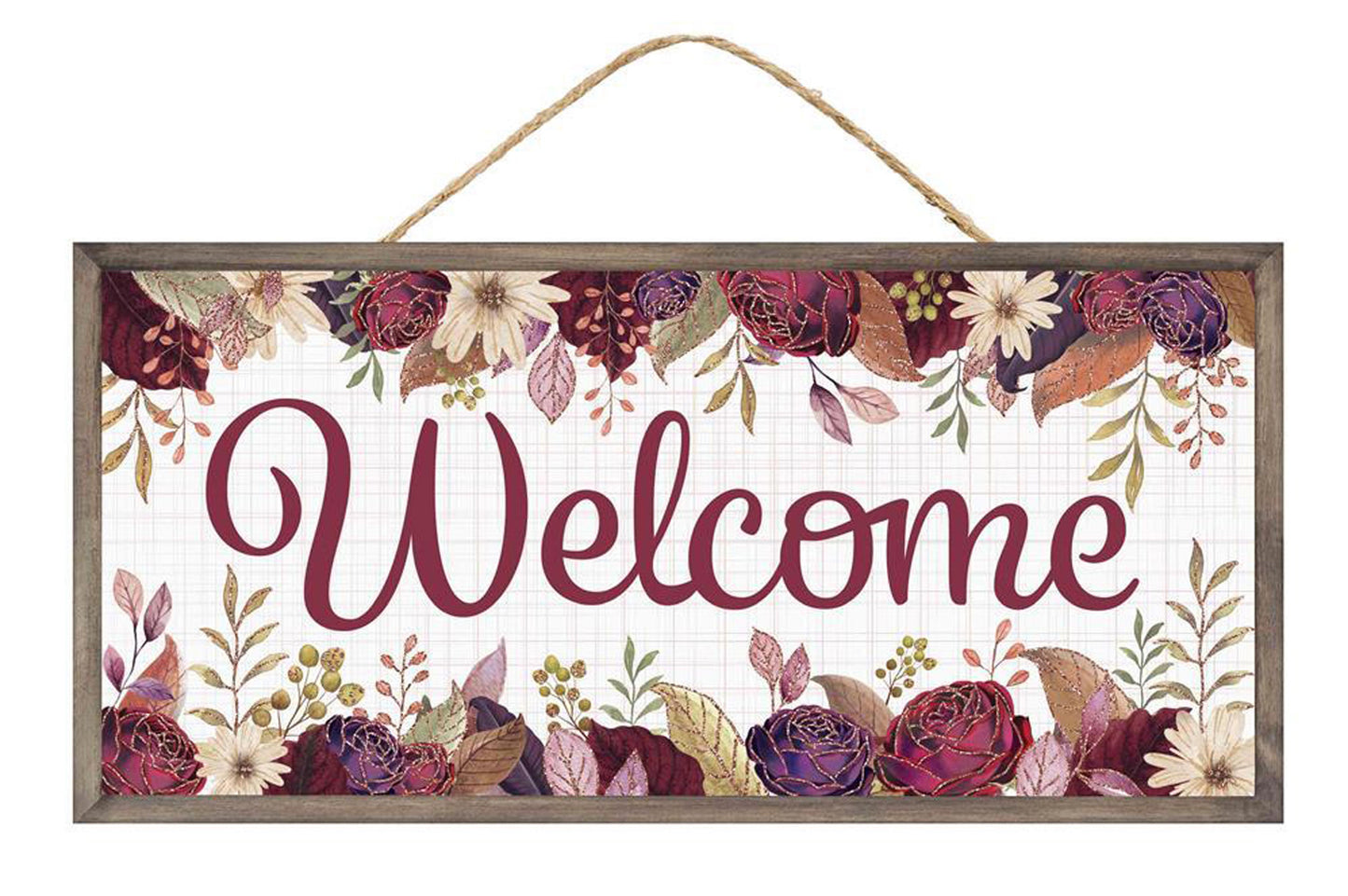 12.5"L X 6"H WELCOME W/FALL FLOWERS - RD/GRN/PRPL/BRWN/BEIG/CRM - AP7862