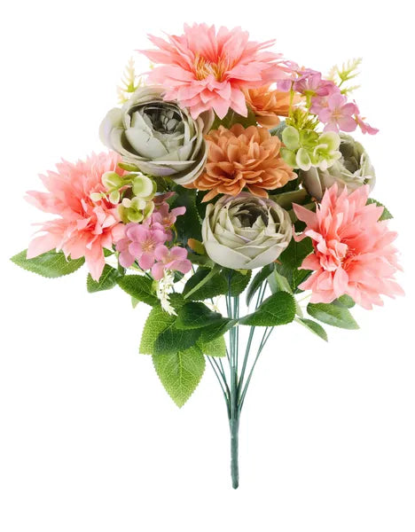 20"L DAHLIA/ZINNIA/ROSE/HYDRANGEA BUSH- SALMON/SAGE/TAN- FB197878