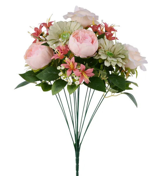 20"L CABBAGE ROSE/DAISY BUSH X14-BRICK/LT SAGE/CREAM/PEACH-FB1983C6