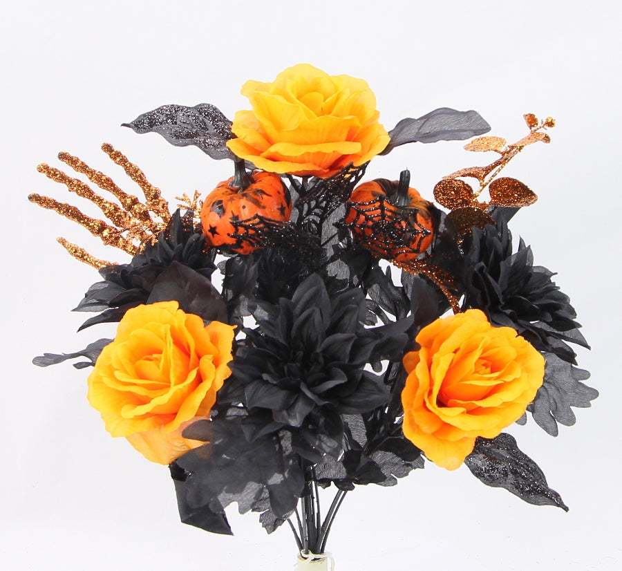 19" ROSE AND DAHLIA WITH PUMKIN MIX BUSH X11 - GPB24475-BLACK AND ORANGE