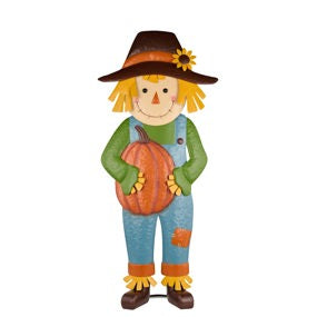 46"H X 20"L TIN SCARECROW W/PUMPKIN - MUSTARD/ORANGE/BLUE/BROWN - HA2021