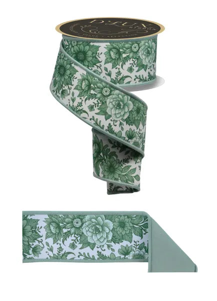 2.5"X10YD CHINOISERIE FLORAL/FUSED WHITE/SAGE -GREEN MULTI- LX312627