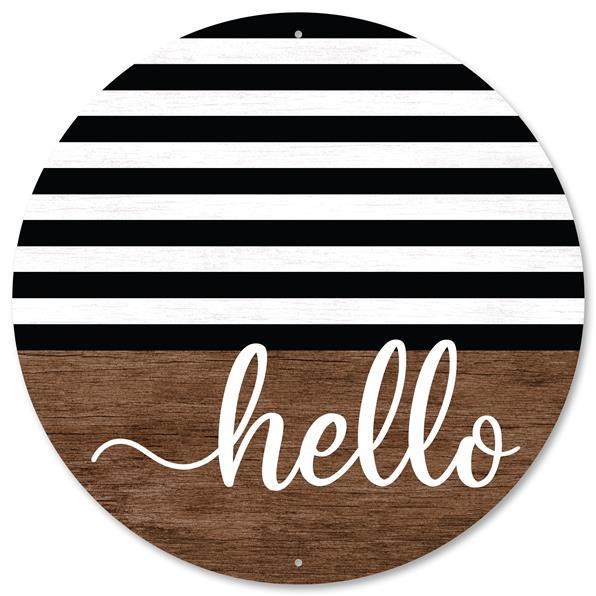12"DIA METAL HELLO WHITE WOOD LOOK SIGN - BROWN/BLACK/WHITE - MD0895