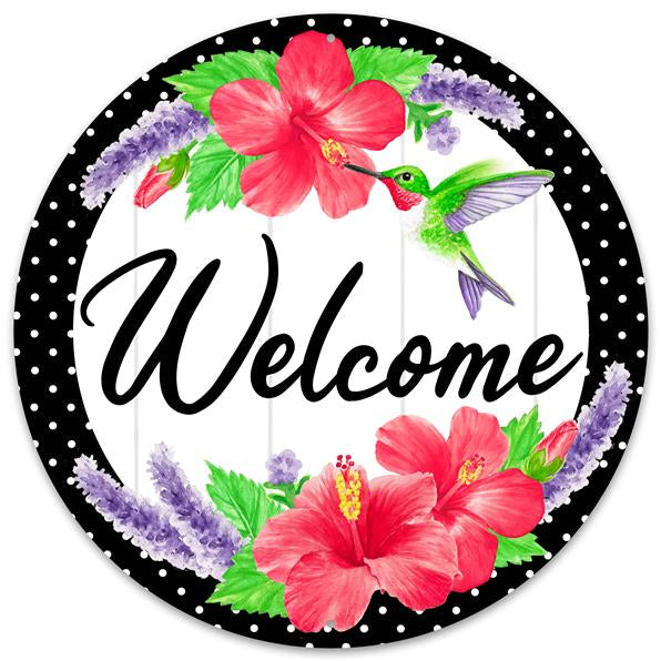 12"DIA WELCOME W/HUMMINGBIRD SIGN - LAVENDER/PINK/GRN/BLK/WHT - MD0922