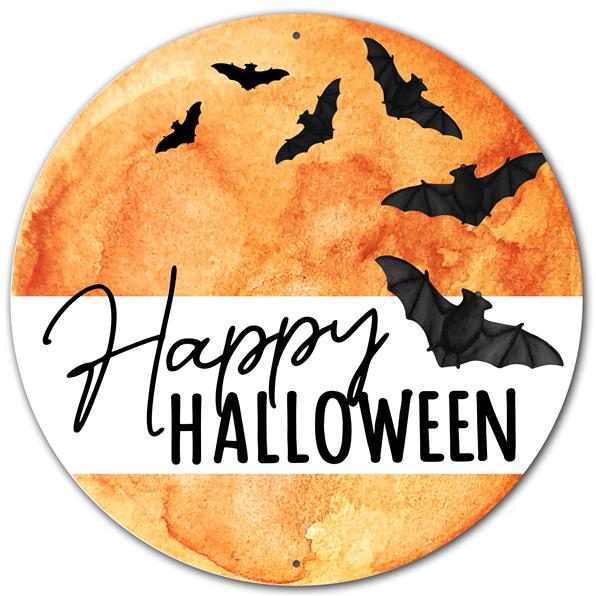 12"DIA HAPPY HALLOWEEN MOON SIGN - LT ORANGE/BLK/WHITE/RUST - MD0980