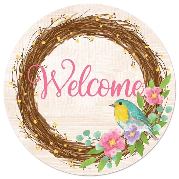 12"DIA WELCOME W/BIRD NEST METAL SIGN - BRWN/PINK/TEAL/GRN/YLW - MD1075