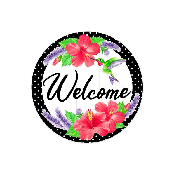 8"DIA WELCOME W/HUMMINGBIRD SIGN - LAVENDER/PINK/GRN/BLK/WHT - MD1127